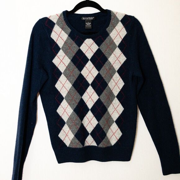 Avellini 100% Cashmere men's blue argyle sweater L eclectic grandpa preppy bloke - Picture 1 of 6